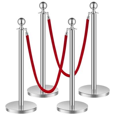 VEVOR 4 PCS Poste de Estaca de Acero Inoxidable de 1,5 m con Base Hueca de Inyección de Arena y 2 Cuerdas de Terciopelo Rojo, Barreras de Control de Multitudes para Teatro, Fiesta, Boda, Plateado VEVOR 4 PCS Poste de Estaca de Acero Inoxidable de 1,5 m con Base Hueca de Inyección de Arena y 2 Cuerdas de Terciopelo Rojo, Barreras de Control de Multitudes para Teatro, Fiesta, Boda, Plateado