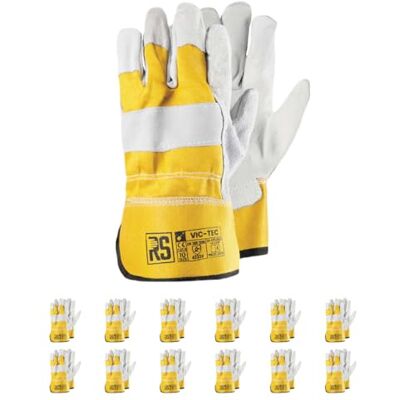RS VIC TEC Guantes de montaje de cuero premium tipo DOCKER/talla 10, 12 pares/gris-amarillo/guantes de montaje/guantes de trabajo reforzados con piel de vacuno RS VIC TEC Guantes de montaje de cuero premium tipo DOCKER/talla 10, 12 pares/gris-amarillo/guantes de montaje/guantes de trabajo reforzados con piel de vacuno