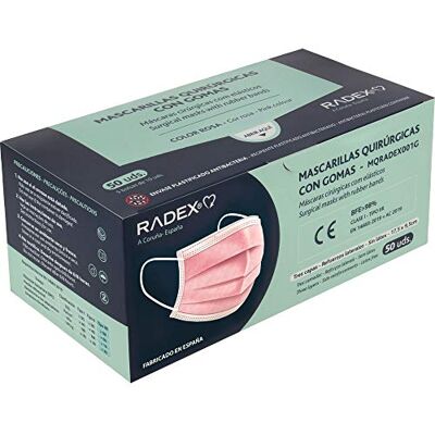 Radex . Caja de 50 Mascarillas Quirúrgicas Tipo IIR con Gomas, Rosa, Fabricado en España, Tres Capas, Material Hipo Alergénicos, Resistente a Salpicaduras Radex . Caja de 50 Mascarillas Quirúrgicas Tipo IIR con Gomas, Rosa, Fabricado en España, Tres Capas, Material Hipo Alergénicos, Resistente a Salpicaduras
