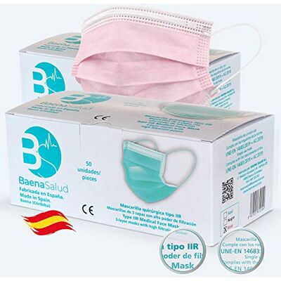BAENA SALUD PK2929 100 Mascarillas quirúrgicas, higiénicas, desechables, tipo IIR, filtración (BFE) >/= 98%, color rosa BAENA SALUD PK2929 100 Mascarillas quirúrgicas, higiénicas, desechables, tipo IIR, filtración (BFE) >/= 98%, color rosa