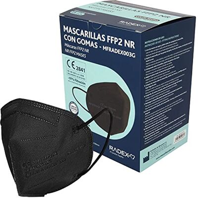 Radex Caja de 25 Mascarillas FFP2 Negras 5 Capas con Capa Anti Polvo Certificación CE 2841 Hechas en España Radex Caja de 25 Mascarillas FFP2 Negras 5 Capas con Capa Anti Polvo Certificación CE 2841 Hechas en España