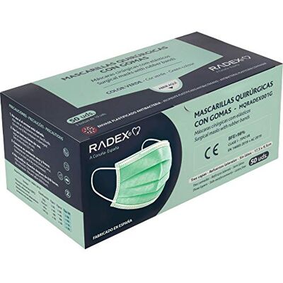 Radex . Caja de 50 Mascarillas Quirúrgicas Tipo IIR con Gomas, Verde, Fabricado en España, Tres Capas, Material Hipo Alergénicos, Resistente a Salpicaduras Radex . Caja de 50 Mascarillas Quirúrgicas Tipo IIR con Gomas, Verde, Fabricado en España, Tres Capas, Material Hipo Alergénicos, Resistente a Salpicaduras
