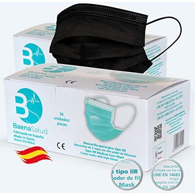 BAENA SALUD 100 Mascarillas Quirúrgicas, higiénicas, desechables, Tipo IIR, en color negro, filtración (BFE) 98%, hechas en España BAENA SALUD 100 Mascarillas Quirúrgicas, higiénicas, desechables, Tipo IIR, en color negro, filtración (BFE) 98%, hechas en España