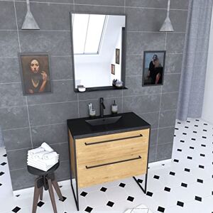 AURLANE Mueble de baño 80 x 50 cm – cajones roble marrón – Lavabo resina negra efecto piedra – Espejo AURLANE Mueble de baño 80 x 50 cm – cajones roble marrón – Lavabo resina negra efecto piedra – Espejo