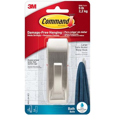 Command Bath Modern Reflections Gancho de metal de níquel satinado 1 gancho y 2 tiras adhesivas grandes Cuelga toallas, batas y otros accesorios de baño Colgar sin daños Command Bath Modern Reflections Gancho de metal de níquel satinado 1 gancho y 2 tiras adhesivas grandes Cuelga toallas, batas y otros accesorios de baño Colgar sin daños