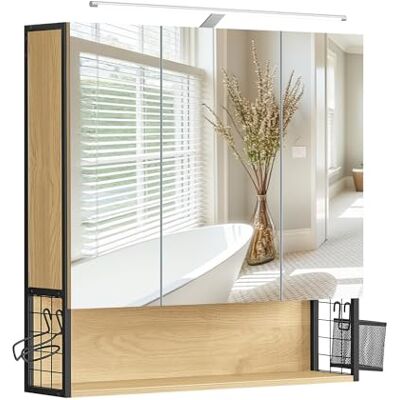VASAGLE Armario de Baño con Iluminación LED, 14,5 x 70 x 70 cm, Espejo 3 Puertas, Mueble de Pared con Espejo, Enchufe, Cesta, Soporte para Secador, Roble Natural VASAGLE Armario de Baño con Iluminación LED, 14,5 x 70 x 70 cm, Espejo 3 Puertas, Mueble de Pared con Espejo, Enchufe, Cesta, Soporte para Secador, Roble Natural