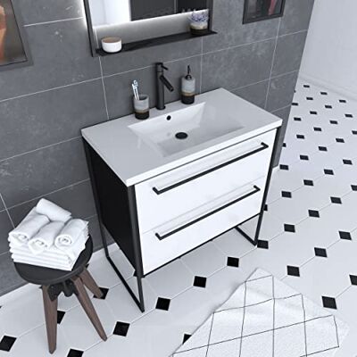 AURLANE Mueble de baño, Blanco y Negro, L AURLANE Mueble de baño, Blanco y Negro, L