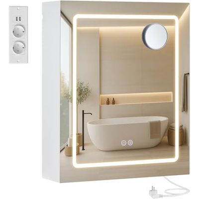 VASAGLE Kailyn Colección Armario de Pared para Baño con Espejo, con LED, Multienchufe, Función Antivaho, Espejo de Aumento 10x, Estilo Moderno, 16,5 x 50 x 60 cm, Blanco BBK133W01 VASAGLE Kailyn Colección Armario de Pared para Baño con Espejo, con LED, Multienchufe, Función Antivaho, Espejo de Aumento 10x, Estilo Moderno, 16,5 x 50 x 60 cm, Blanco BBK133W01