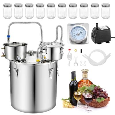 VEVOR Kit de Destilador de Alcohol 50 L con 10 Frascos de Vidrio de 473 ml, Alambique con Accesorios, Con Termómetro de Doble Escala, Bomba de Agua, Para Elaborar Whisky, Vino, Brandy en Casa VEVOR Kit de Destilador de Alcohol 50 L con 10 Frascos de Vidrio de 473 ml, Alambique con Accesorios, Con Termómetro de Doble Escala, Bomba de Agua, Para Elaborar Whisky, Vino, Brandy en Casa