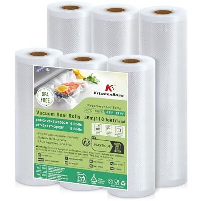 KitchenBoss Bolsas Vacio Alimentos 6 Rollos:20 x 600cm 3 Rollos + 28 x 600cm Rollos 3 Rollos, Rollos Bolsas Vacio Alimentos para Conservación de Alimentos y Sous Vide Cocina, sin BPA KitchenBoss Bolsas Vacio Alimentos 6 Rollos:20 x 600cm 3 Rollos + 28 x 600cm Rollos 3 Rollos, Rollos Bolsas Vacio Alimentos para Conservación de Alimentos y Sous Vide Cocina, sin BPA