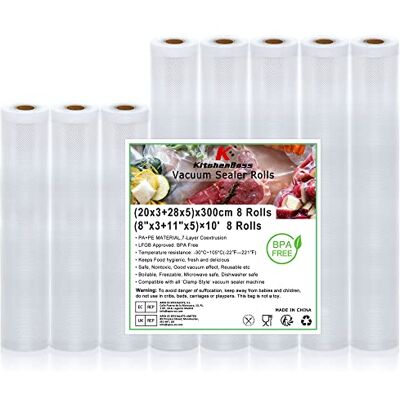 KitchenBoss Rollos Envasadora Al Vacio Bolsas Vacio Alimentos: 8 Rollen Bolsas Envasar Al Vacio Alimentos, Sin BPA, 20 x 3/28 x 5/300 cm Bolsas de Vacio Gofradas para Alimentos y Sous Vide Cocina KitchenBoss Rollos Envasadora Al Vacio Bolsas Vacio Alimentos: 8 Rollen Bolsas Envasar Al Vacio Alimentos, Sin BPA, 20 x 3/28 x 5/300 cm Bolsas de Vacio Gofradas para Alimentos y Sous Vide Cocina