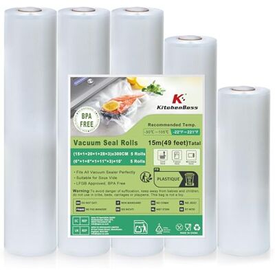 KitchenBoss Bolsas Vacío para Alimentos:5 Rollos Bolsas Vacio Alimentos 28x3/20x1/15x1/300 cm, Rollos Envasadora al Vacio para Sous Vide Cocina y Maquina de Vacio KitchenBoss Bolsas Vacío para Alimentos:5 Rollos Bolsas Vacio Alimentos 28x3/20x1/15x1/300 cm, Rollos Envasadora al Vacio para Sous Vide Cocina y Maquina de Vacio