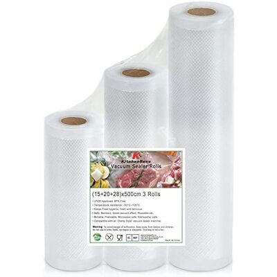 KitchenBoss Rollos de papel de vacío: bolsas de vacío para máquina de envasado al vacío, 15/20/28 x 500 cm, lámina de sellado para máquina de soldadura de láminas, 3 rollos KitchenBoss Rollos de papel de vacío: bolsas de vacío para máquina de envasado al vacío, 15/20/28 x 500 cm, lámina de sellado para máquina de soldadura de láminas, 3 rollos