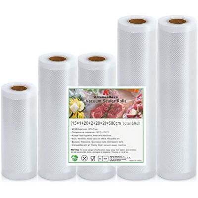 KitchenBoss Rollos de papel de vacío: bolsas de vacío para máquina de envasado al vacío, 15x1/20x2/28x2 x 500 cm, lámina de sellado para máquina de soldadura de láminas, sin BPA, 5 rollos KitchenBoss Rollos de papel de vacío: bolsas de vacío para máquina de envasado al vacío, 15x1/20x2/28x2 x 500 cm, lámina de sellado para máquina de soldadura de láminas, sin BPA, 5 rollos