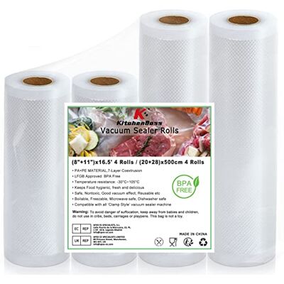 KitchenBoss Rollos de papel de vacío: Bolsas de Vacío para Máquina de envasado al vacío, 20/28 x 500 cm, Lámina de sellado para máquina de soldadura de láminas, sin BPA, 4 rollos KitchenBoss Rollos de papel de vacío: Bolsas de Vacío para Máquina de envasado al vacío, 20/28 x 500 cm, Lámina de sellado para máquina de soldadura de láminas, sin BPA, 4 rollos