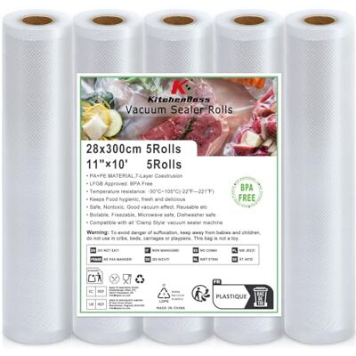KitchenBoss Bolsas Envasar al Vacio:Bolsas Vacio Alimentos 5 Rollos 28x300cm, Rollos Envasadora al Vacio Adecuado para sous vide, sellador al vacío y Microondas KitchenBoss Bolsas Envasar al Vacio:Bolsas Vacio Alimentos 5 Rollos 28x300cm, Rollos Envasadora al Vacio Adecuado para sous vide, sellador al vacío y Microondas