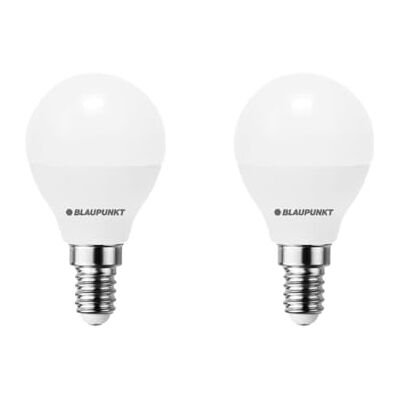 Blaupunkt Bombilla LED E14 G45 (6 W, 4000 K, luz natural, 2 unidades) Vidrio esmerilado, blanco neutro, forma esférica, sin parpadeo, casquillo E14, lote de calidad, para lámpara de araña y Blaupunkt Bombilla LED E14 G45 (6 W, 4000 K, luz natural, 2 unidades) Vidrio esmerilado, blanco neutro, forma esférica, sin parpadeo, casquillo E14, lote de calidad, para lámpara de araña y