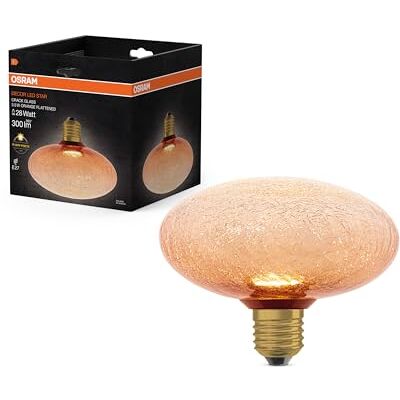 OSRAM Lámpara LED DECOR FLAT Crackle de cristal, plana, Ø150 mm, naranja, E27, 3,5 W, 300 lm, 2700 K, blanco cálido, IP20, aspecto vintage. OSRAM Lámpara LED DECOR FLAT Crackle de cristal, plana, Ø150 mm, naranja, E27, 3,5 W, 300 lm, 2700 K, blanco cálido, IP20, aspecto vintage.