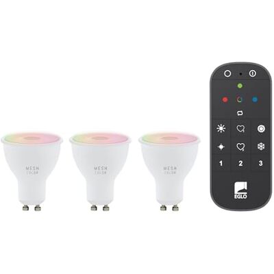 Eglo connect.z Juego de 3 bombillas led para hogar inteligente GU10, ZigBee, control por aplicación, Alexa, mando a distancia, regulables, blanco cálido-blanco frío, RGB, 4,5 vatios, blanco ópalo Eglo connect.z Juego de 3 bombillas led para hogar inteligente GU10, ZigBee, control por aplicación, Alexa, mando a distancia, regulables, blanco cálido-blanco frío, RGB, 4,5 vatios, blanco ópalo