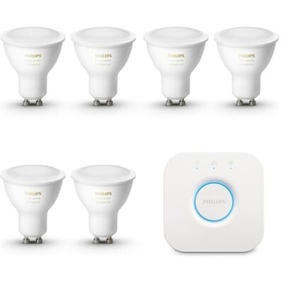 Philips Starter Pack GU10-6 Bombillas LED para focos Luz blanca cálida a fría incl. Hue Bridge Hue White Ambiance Philips Starter Pack GU10-6 Bombillas LED para focos Luz blanca cálida a fría incl. Hue Bridge Hue White Ambiance