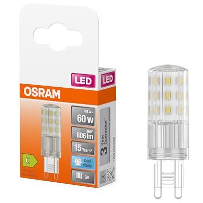 OSRAM LED PIN lámpara LED multicolor con casquillo G9 retrofit, 4,9 W / 806 lm, luz blanca fría y clara con 4000 K, no regulable, IP20, cristal sin plomo, 18 mm de diámetro. OSRAM LED PIN lámpara LED multicolor con casquillo G9 retrofit, 4,9 W / 806 lm, luz blanca fría y clara con 4000 K, no regulable, IP20, cristal sin plomo, 18 mm de diámetro.