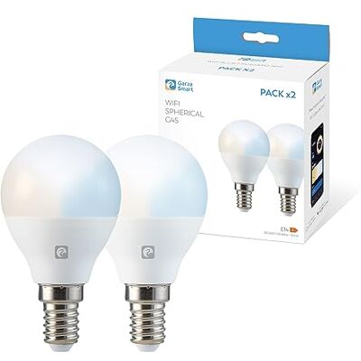 Garza Smarthome Pack 2 Bombilla LED Inteligente Wifi Esférica G45 E14 5W (40W de Equivalencia) CCT, Intensidad regulable, Programable, Control por Voz y App (Alexa/Google Home), Wifi 2,4 GHz Garza Smarthome Pack 2 Bombilla LED Inteligente Wifi Esférica G45 E14 5W (40W de Equivalencia) CCT, Intensidad regulable, Programable, Control por Voz y App (Alexa/Google Home), Wifi 2,4 GHz