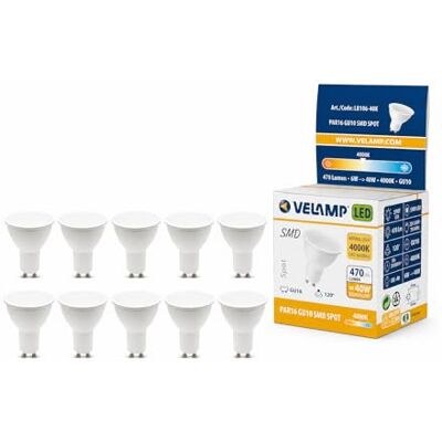 Velamp 10 bombillas LED GU10, 6 vatios equivalentes a 40 vatios de halógeno, 470 lúmenes, luz blanca natural de 4000 K, ángulo de haz de 120 grados, bombilla LED no regulable. Velamp 10 bombillas LED GU10, 6 vatios equivalentes a 40 vatios de halógeno, 470 lúmenes, luz blanca natural de 4000 K, ángulo de haz de 120 grados, bombilla LED no regulable.