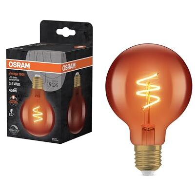 OSRAM Lámpara LED Vintage 1906 Globe G80 DIM, 3 W (45 lm), blanco cálido de 1800 K, carcasa de vidrio cobre, casquillo E27, filamento decorativo, regulable OSRAM Lámpara LED Vintage 1906 Globe G80 DIM, 3 W (45 lm), blanco cálido de 1800 K, carcasa de vidrio cobre, casquillo E27, filamento decorativo, regulable