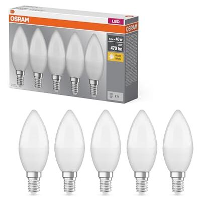 OSRAM Lámpara LED Base Classic B40 mini vela 4,9 W 827, blanco cálido 2700 K, E14, mate, 470 lm, reproducción cromática Ra≥80 OSRAM Lámpara LED Base Classic B40 mini vela 4,9 W 827, blanco cálido 2700 K, E14, mate, 470 lm, reproducción cromática Ra≥80