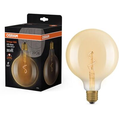 OSRAM Lámpara LED Vintage 1906 Globe G125, 1,8 W (30 lm), blanco cálido de 2200 K, carcasa de vidrio dorado, casquillo E27, diseño de bola extragrande, edición vintage OSRAM Lámpara LED Vintage 1906 Globe G125, 1,8 W (30 lm), blanco cálido de 2200 K, carcasa de vidrio dorado, casquillo E27, diseño de bola extragrande, edición vintage