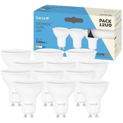 Garza Pack 12 Bombillas Led, Casquillo GU10, Luz Neutra 4000K, 7W, 700 Lúmenes. No Regulable. Garza Pack 12 Bombillas Led, Casquillo GU10, Luz Neutra 4000K, 7W, 700 Lúmenes. No Regulable.