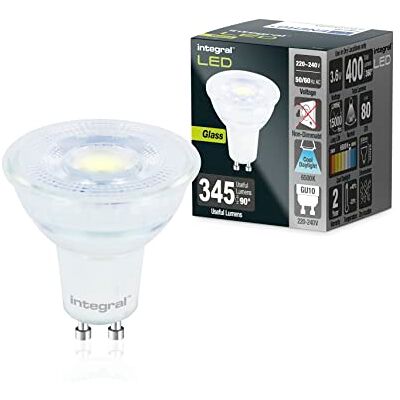 Integral Bombilla LED 10 PACK Vidrio GU10 Frío Natural 6500K, 400LM, 3,6W (equivalente a W50) No Regulable Eficiencia energética e ideal para focos y luces empotradas en baños, cocinas, salones Integral Bombilla LED 10 PACK Vidrio GU10 Frío Natural 6500K, 400LM, 3,6W (equivalente a W50) No Regulable Eficiencia energética e ideal para focos y luces empotradas en baños, cocinas, salones
