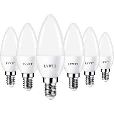 LVWIT Bombillas LED Vela E14 (Casquillo Fino) 4.9W equivalente a 40W, 470 lúmenes, Color blanco frío 6500K, No regulable Pack de 6 Unidades. (View amazon detail page) LVWIT Bombillas LED Vela E14 (Casquillo Fino) 4.9W equivalente a 40W, 470 lúmenes, Color blanco frío 6500K, No regulable Pack de 6 Unidades. (View amazon detail page)