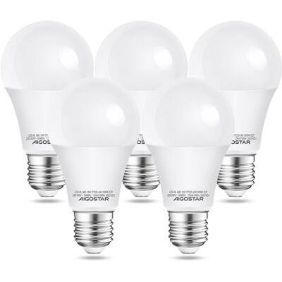 Aigostar Bombillas LED E27 15W, 1500 lumen, Luz calida 3000K, Ángulo 280°, A60 no regulable 5 unidades Aigostar Bombillas LED E27 15W, 1500 lumen, Luz calida 3000K, Ángulo 280°, A60 no regulable 5 unidades