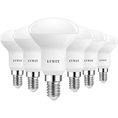 LVWIT Bombillas LED E14, 7.2W Equivalente a 60W, 2700K Luz Blanca Cálida, Bombilla Reflector LED R50 806 LM, Bajo Consumo, El Ángulo del Haz 150°. No Regulable Pack de 6 Unidades. LVWIT Bombillas LED E14, 7.2W Equivalente a 60W, 2700K Luz Blanca Cálida, Bombilla Reflector LED R50 806 LM, Bajo Consumo, El Ángulo del Haz 150°. No Regulable Pack de 6 Unidades.