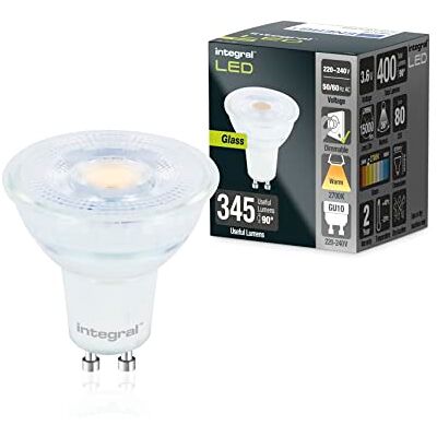 Integral Bombilla LED 5 PACK Vidrio GU10 Cálido 2700K, 400LM, 3,6W (equivalente a 50W) Regulable Eficiencia energética e ideal para focos y luces empotradas en baños, cocinas, salones Integral Bombilla LED 5 PACK Vidrio GU10 Cálido 2700K, 400LM, 3,6W (equivalente a 50W) Regulable Eficiencia energética e ideal para focos y luces empotradas en baños, cocinas, salones