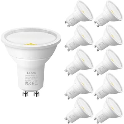 Lepro Bombilla LED GU10 3.3W(Equivalente a 50W), 590 lm, 6500K, Pack de 10 Bombillas LED Clase A Blanca Fría, Ángulo de Haz de 100°, Bajo Consumo, No Regulable, CRI>80 para Iluminación de Interior Lepro Bombilla LED GU10 3.3W(Equivalente a 50W), 590 lm, 6500K, Pack de 10 Bombillas LED Clase A Blanca Fría, Ángulo de Haz de 100°, Bajo Consumo, No Regulable, CRI>80 para Iluminación de Interior