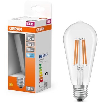 OSRAM LED Star Globe con forma de bombilla Edison clásica, 6,5 W / 806 lm, 4000 K para luz blanca fría, CRI 80, vidrio transparente sin plomo, casquillo E27, IP20, EEK E, 64 mm DM, paquete de 6 OSRAM LED Star Globe con forma de bombilla Edison clásica, 6,5 W / 806 lm, 4000 K para luz blanca fría, CRI 80, vidrio transparente sin plomo, casquillo E27, IP20, EEK E, 64 mm DM, paquete de 6
