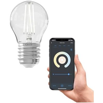 CALEX Bombilla LED Inteligente E27 P45, Filamento, Blanca Cálida, WiFi App Un brillo cálido y decorativo de filamento, con control por voz mediante Alexa, Google Home o Siri CALEX Bombilla LED Inteligente E27 P45, Filamento, Blanca Cálida, WiFi App Un brillo cálido y decorativo de filamento, con control por voz mediante Alexa, Google Home o Siri