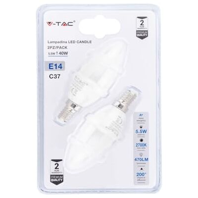 V-TAC Pack de 2 Bombillas LED E14 5,5 W = 40 W, SMD Vela luz cálida 2700 K V-TAC Pack de 2 Bombillas LED E14 5,5 W = 40 W, SMD Vela luz cálida 2700 K