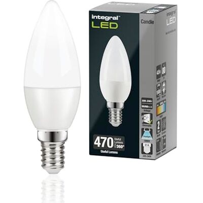 Integral LED E14 Luz Natural 5000K, 470LM, 4,9W (equivalente a 40W) Bombilla Mate Tipo Vela Regulable Paquete de 4 Eficiencia energética para lámparas en salones, comedores y dormitorios Integral LED E14 Luz Natural 5000K, 470LM, 4,9W (equivalente a 40W) Bombilla Mate Tipo Vela Regulable Paquete de 4 Eficiencia energética para lámparas en salones, comedores y dormitorios
