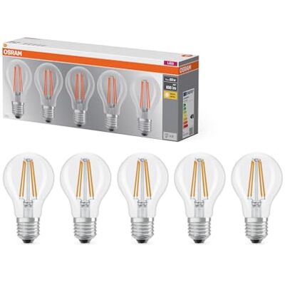 OSRAM Lámpara LED Base de filamento A60 forma de bombilla 7W 827, 2700K blanco cálido, E27, transparente, 806 lm, resistente a golpes y vibraciones OSRAM Lámpara LED Base de filamento A60 forma de bombilla 7W 827, 2700K blanco cálido, E27, transparente, 806 lm, resistente a golpes y vibraciones
