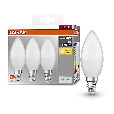 OSRAM Lámpara base CLASSIC B 40 FR LED con casquillo E14, forma de mini vela, paquete triple, 4.9W, 470lm, 2700K, luz blanca cálida, baja emisión de calor, optimo consumo de energía, larga vida OSRAM Lámpara base CLASSIC B 40 FR LED con casquillo E14, forma de mini vela, paquete triple, 4.9W, 470lm, 2700K, luz blanca cálida, baja emisión de calor, optimo consumo de energía, larga vida
