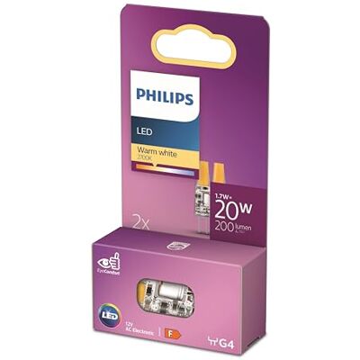 Philips LED Bombilla estándar, recambio halógenas de 20 W, casquillo G4, luz blanca cálida de 2700 K, pack de 2 Philips LED Bombilla estándar, recambio halógenas de 20 W, casquillo G4, luz blanca cálida de 2700 K, pack de 2