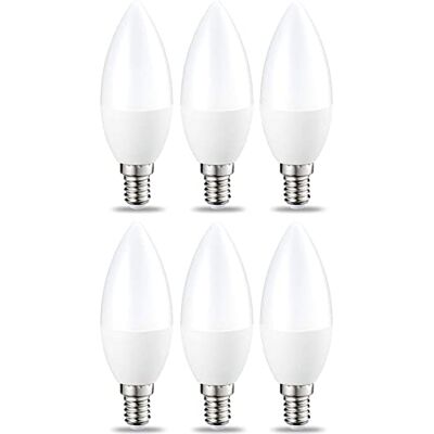 Amazon Basics Bombilla de vela pequeña LED E14, Edison, 4.9 W (equivalente a 40 W), blanco cálido, no regulable, 6 Unidad (Paquete de 1) Amazon Basics Bombilla de vela pequeña LED E14, Edison, 4.9 W (equivalente a 40 W), blanco cálido, no regulable, 6 Unidad (Paquete de 1)