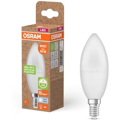 OSRAM Bombillas LED E14, LED Star B 60 Reciclaje 7,5W, 4000K blanco frío, mate, 806 lm, 40% plástico reciclado, reemplaza bombillas tradicionales de 60W, Paquete de 6 OSRAM Bombillas LED E14, LED Star B 60 Reciclaje 7,5W, 4000K blanco frío, mate, 806 lm, 40% plástico reciclado, reemplaza bombillas tradicionales de 60W, Paquete de 6