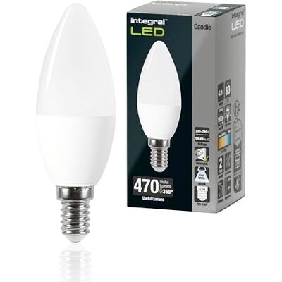 Integral LED E14 Blanco Frío 4000K, 470LM, 4,9W (equivalente a 40W) Bombilla Mate Tipo Vela Regulable Paquete de 4 Eficiencia energética para lámparas en salones, comedores y dormitorios Integral LED E14 Blanco Frío 4000K, 470LM, 4,9W (equivalente a 40W) Bombilla Mate Tipo Vela Regulable Paquete de 4 Eficiencia energética para lámparas en salones, comedores y dormitorios