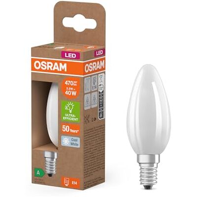 OSRAM Lámpara LED Energy Class en forma clásica de mini vela, 2,2 W / 470 lm, EEK A, luz blanca fría (4000 K), CRI 80, de vidrio esmerilado sin plomo, casquillo E14, IP20, 35 mm DM, paquete de 6 OSRAM Lámpara LED Energy Class en forma clásica de mini vela, 2,2 W / 470 lm, EEK A, luz blanca fría (4000 K), CRI 80, de vidrio esmerilado sin plomo, casquillo E14, IP20, 35 mm DM, paquete de 6