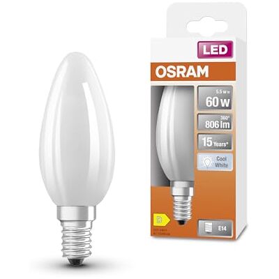 OSRAM LED Star Classic en forma clásica de mini vela, luz blanca, luz blanca fría (4000 K) con 5,5W / 806 lm, fabricada en vidrio esmerilado sin plomo, casquillo E14, IP20, EEK D, 35mm DM, 6- embalar OSRAM LED Star Classic en forma clásica de mini vela, luz blanca, luz blanca fría (4000 K) con 5,5W / 806 lm, fabricada en vidrio esmerilado sin plomo, casquillo E14, IP20, EEK D, 35mm DM, 6- embalar