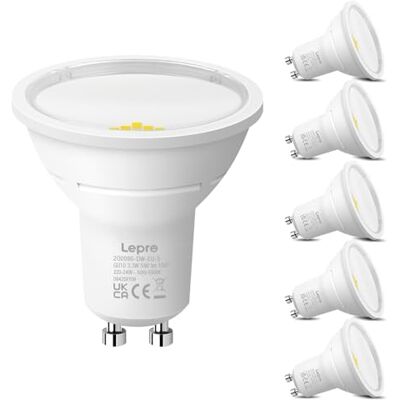 Lepro Bombilla LED GU10 3.3W(Equivalente a 50W), 590 lm, 6500K, Pack de 5 Bombillas LED Clase A Blanca Fría, Ángulo de Haz de 100°, Bajo Consumo, No Regulable, CRI>80 para Iluminación de Interior Lepro Bombilla LED GU10 3.3W(Equivalente a 50W), 590 lm, 6500K, Pack de 5 Bombillas LED Clase A Blanca Fría, Ángulo de Haz de 100°, Bajo Consumo, No Regulable, CRI>80 para Iluminación de Interior